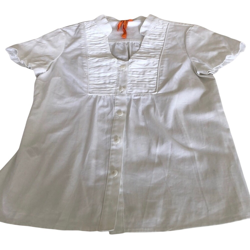 BCBGeneration White Short Sleeve Pleated Pintuck Button Front Blouse Top